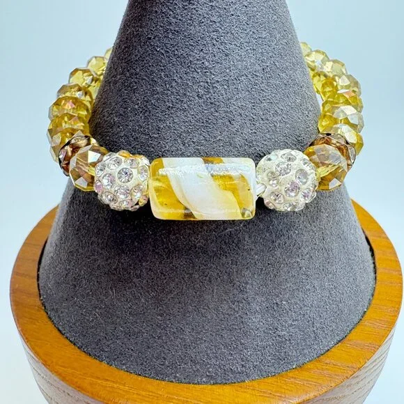 Gemstone Yellow Glass Bead White Crystal Rondel Stretch Bracelet Fashion One SZ - Picture 2 of 10